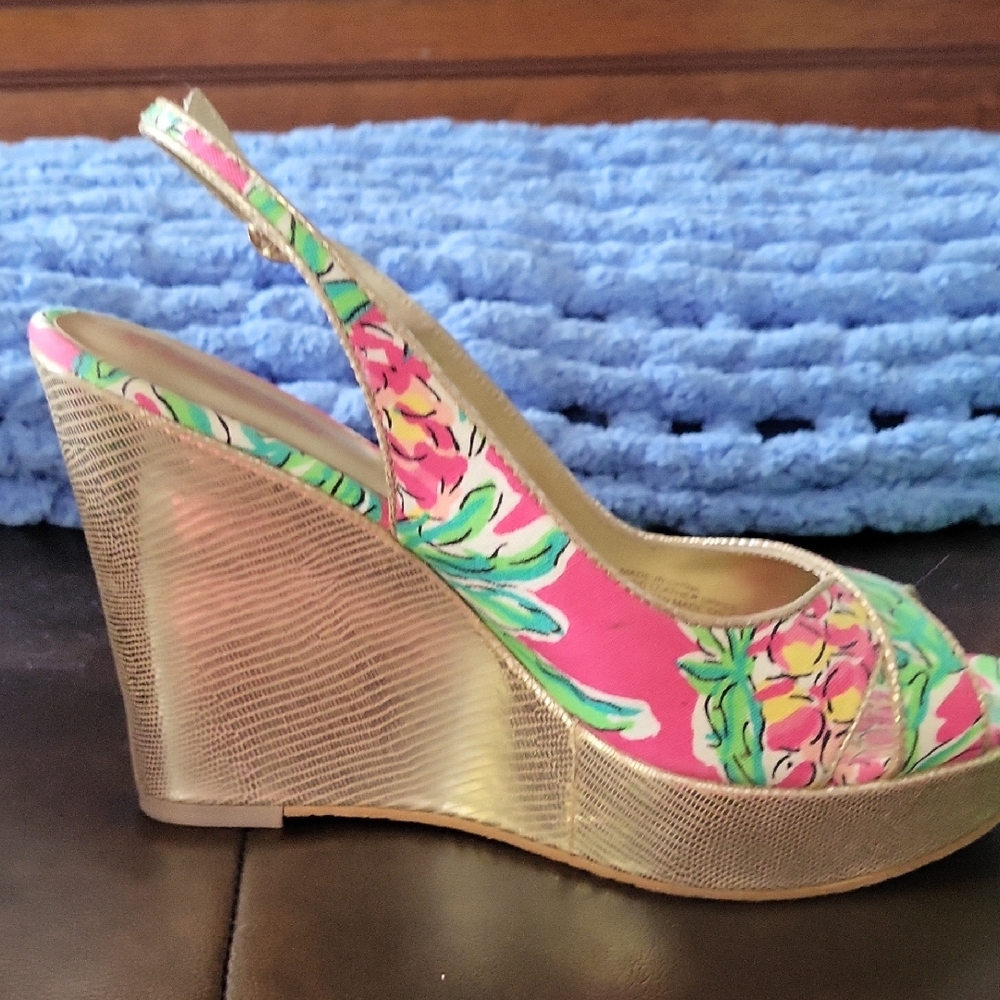 Lilly Pulitzer Vibrant Pink and Green Peep-Toe Wedges - Picture 2 of 4